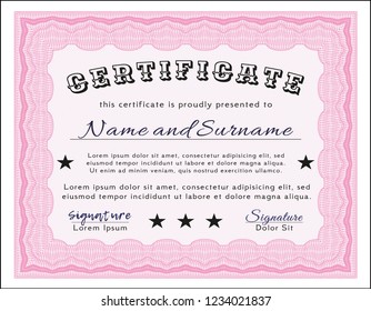 Pink Diploma template. Elegant design. Vector illustration. With guilloche pattern. 