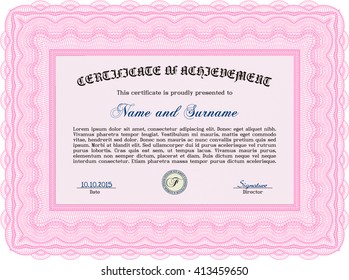 Pink Diploma template. Excellent design. With complex background. Vector illustration. 