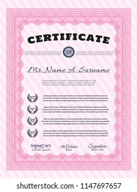 Pink Diploma template. With great quality guilloche pattern. Customizable, Easy to edit and change colors. Cordial design. 