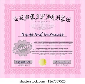 Pink Diploma template. With guilloche pattern. Superior design. Detailed. 