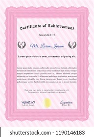 Pink Diploma template. With guilloche pattern. Detailed. Retro design. 