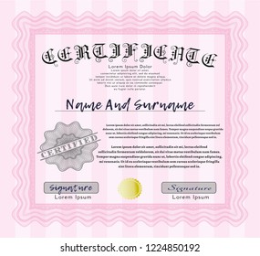 Pink Diploma template. With guilloche pattern and background. Detailed. Money style design. 