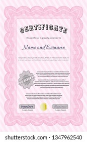 Pink Diploma template. With guilloche pattern. Superior design. Vector illustration. 
