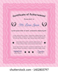 Pink Diploma template. With guilloche pattern and background. Detailed. Money design. 