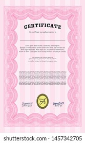 Pink Diploma template. With linear background. Money Pattern. Vector illustration. 