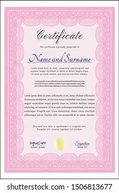 Pink Diploma template. Lovely design. Vector illustration. With linear background. 