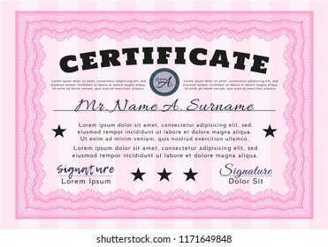 Pink Diploma template. Money design. With complex linear background. Vector illustration. 