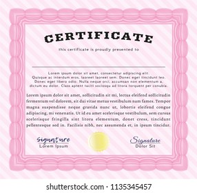 Pink Diploma template. Money Pattern. With complex background. Vector illustration. 