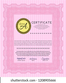 Pink Diploma template. Money Pattern design. Vector illustration. Printer friendly. 