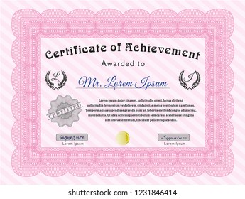 Pink Diploma template. Money Pattern design. Detailed. With background. 