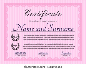 Pink Diploma template. Money Pattern. With complex background. Vector illustration. 