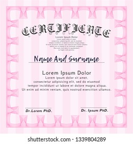 Pink Diploma template. Money Pattern design. Vector illustration. Printer friendly. 