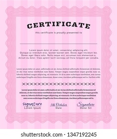 Pink Diploma template. Money Pattern. Vector illustration. Easy to print. 