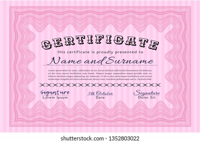 Pink Diploma template. Money Pattern design. Detailed. With great quality guilloche pattern. 
