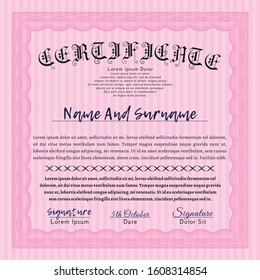 Pink Diploma template. Money Pattern design. Customizable, Easy to edit and change colors. With complex linear background. 