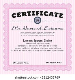 Pink Diploma template.  Money Pattern design.  With complex linear background.   