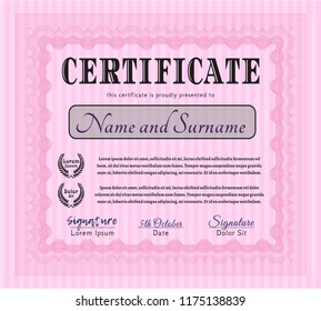 Pink Diploma template. Money style design. With great quality guilloche pattern. Vector illustration. 