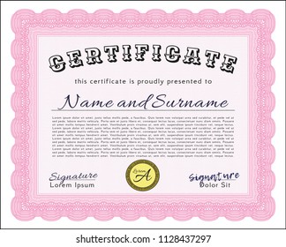 Pink Diploma template. Nice design. Detailed. With great quality guilloche pattern. 