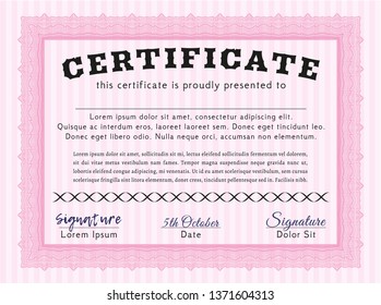 Pink Diploma template. Nice design. With guilloche pattern and background. Detailed. 