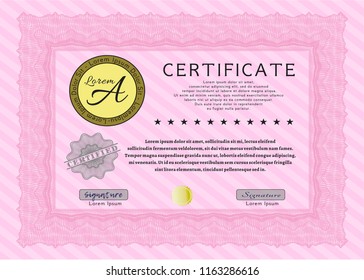 Pink Diploma template. Printer friendly. Artistry design. Customizable, Easy to edit and change colors. 