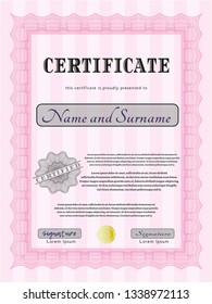 Pink Diploma template. Printer friendly. Money Pattern design. Customizable, Easy to edit and change colors. 