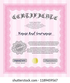 Pink Diploma template. Retro design. With guilloche pattern and background. Vector illustration. 