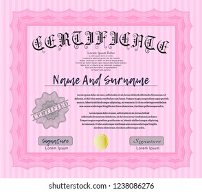 Pink Diploma template. Sophisticated design. With complex linear background. Detailed. 