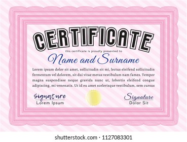 Pink Diploma template. Vector illustration. With guilloche pattern and background. Elegant design. 