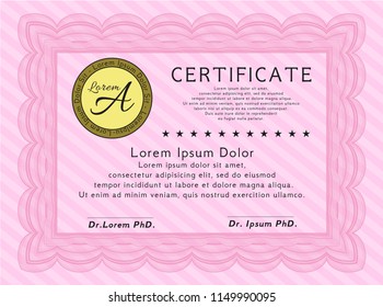 Pink Diploma template. Vector illustration. With great quality guilloche pattern. Cordial design. 