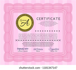 Pink Diploma template. Vector illustration. Printer friendly. Cordial design. 
