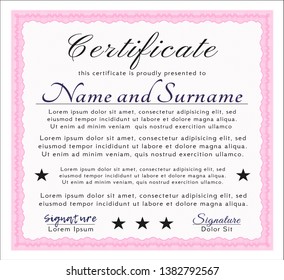 Pink Diploma. Vector illustration. With complex linear background. Retro design. 