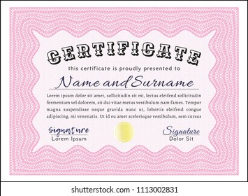  Pink Diploma. VPink Awesome Certificate template. With great quality guilloche pattern. Vector illustration. Elegant design. ector illustration. With great quality guilloche pattern. Nice design. 