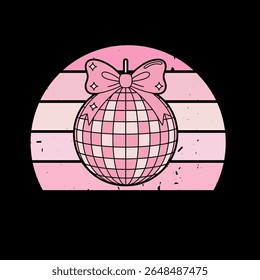 Pink Disco Ball with Bow Retro Sunset Style