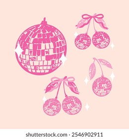 Pink Disco Ball e Cherry Coquette ilustração desenhada à mão. Perfeito para projetos retrô, Y2K e temática feminina ou decoração criativa.