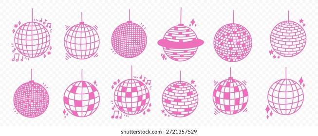 Pink Disco Ball Glitter Vektor mit Spiegel Globe Set. Disco Ball Light für Party oder Club Kit. Doodle-Vektorgrafik