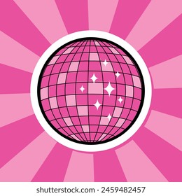 pink disco ball groovy sticker, cute round badge on groovy background, retro style vector illustration for disco party, retro music poster, parties, festivals, dance club