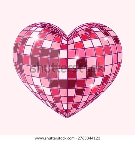 Pink disco ball heart with mirrored tiles and glossy sparkle effect, romantic retro illustration isolated on soft background.