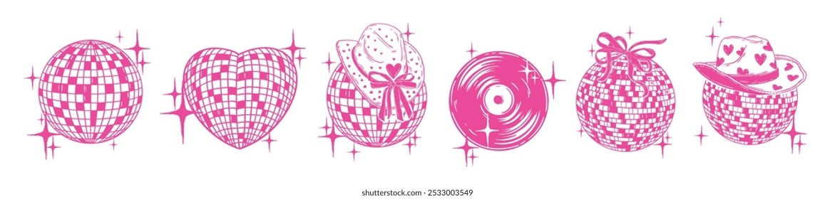 Rosa Disco-Ball-Icon-Set, Vektorhandgezeichnete Western Dance Party glänzende Nachtleben Musik Illustration. Cowgirl Bachelorette Feier groovy Zeichen Retro Club ästhetischen Druck. Vinyl Logo Disco Ball Herz