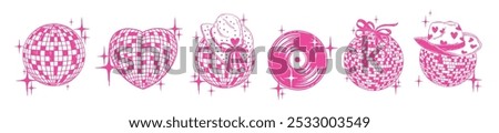 Pink disco ball icon set, vector hand drawn western dance party shiny nightlife music illustration. Cowgirl bachelorette celebration groovy sign retro club aesthetic print. Vinyl logo disco ball heart
