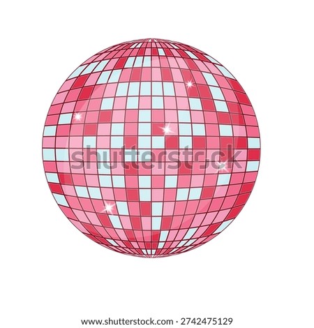 Pink disco ball isolated on white background. Shiny mirror sphere with sparkling reflections, party and nightlife concept, colorful retro illustration.