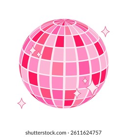 Pink disco ball isolated. Shiny glass globe for retro style party. Vector nostalgic illustration, y2k style