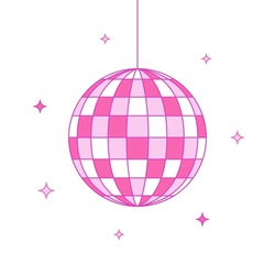 Pink disco ball with stars on a white background, cartoon illustration, flat style