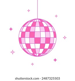 Pink disco ball with stars on a white background, cartoon illustration, flat style