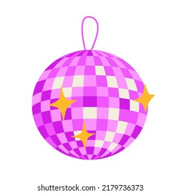 Pink disco ball with stars. Vector flat illustration on  isolated background. Template for greeting cards, posters