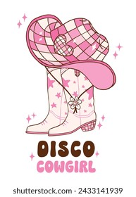 Pink Disco Cowgirl boots and hat illustration, trendy retro groovy vibes disco era.