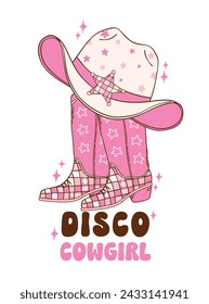 Pink Disco Cowgirl boots and hat illustration, trendy retro groovy vibes disco era.