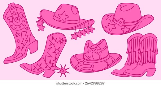 Pink disco cowgirl boots and hats set with stars, fringe details, western fashion accessories for party. Retro rodeo footwear decorated with lightning bolts, sparkles, vintage country style items.