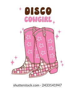 Pink Disco Cowgirl boots illustration, trendy retro groovy vibes disco era.