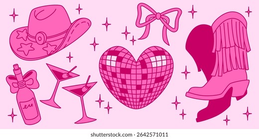 Pink disco cowgirl party elements set - sparkly mirror ball heart shaped, fringed western boots, decorative ribbon, star patterned hat, cocktail glasses, bottle tied with bow. Retro country music icon