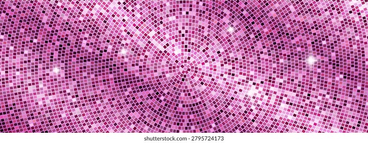 Pink disco party background features a glittering ball pattern with purple sequins. Mirror mosaic texture creates magical shine and sparkle for nightclub celebrations.